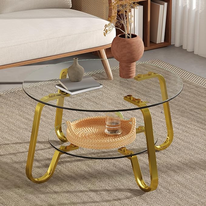 Glass Round Coffee Table for Living Room, 31.5 Inch Tempered Glass Top & Sturdy Metal Frame with Storage Shelf, Modern Small Center Table with 200lb Capacity, Quick & Easy Assembly