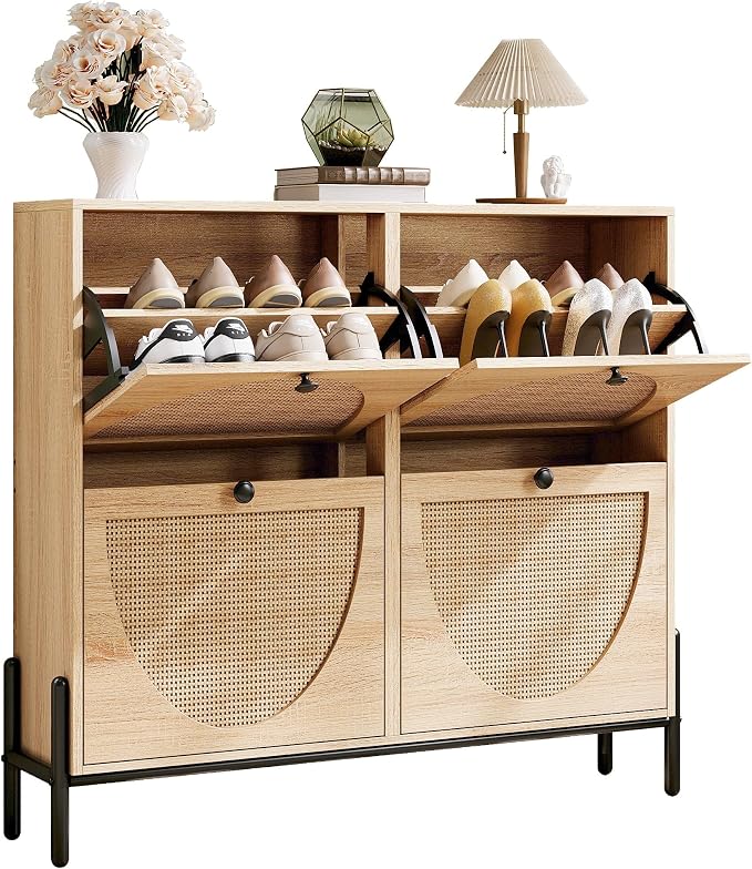 IRONCK Rattan Shoe Cabinet Storage with 4 Flip Drawers, Freestanding Shoe Storage Organizer Cabinet for Entryway, Narrow Shoe Rack Cabinet, Oak by IRONCK