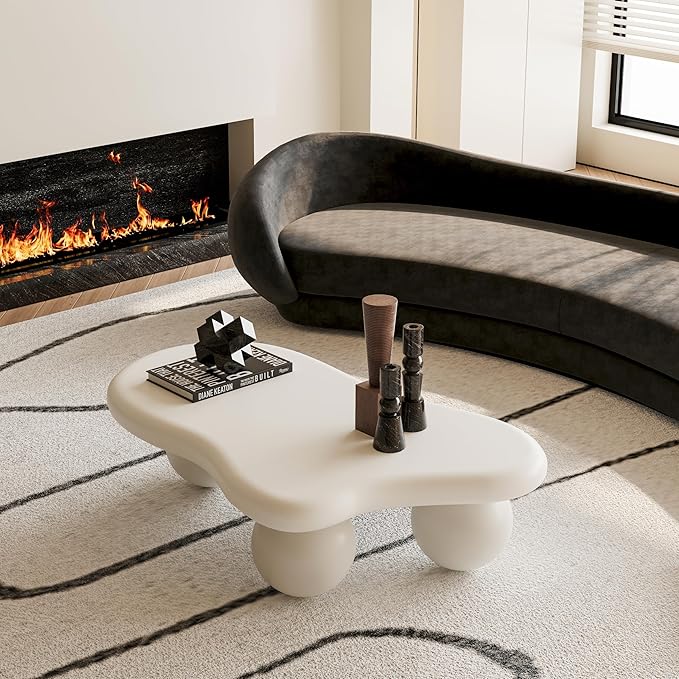 40” Cloud Coffee Table with 3 Ball Legs, Modern Irregular Center Table for Living Room, Low Cute Small MDF Tea Table for Bedroom, Space Apartment Cream White