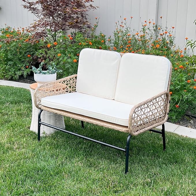 YITAHOME Patio Loveseat Wicker Outdoor Furniture, All Weather Rattan Conversation Loveseat for Backyard, Balcony and Deck with Soft Cushions, Light Brown+Beige