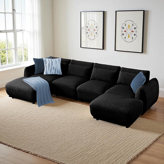 Sectional Sofa Couch, Modern U Shaped Sectional Couch with Ottoman, Modular Sectional Sofa Cloud Couches for Living Room (Black, 4 Set + 2 Ottoman)