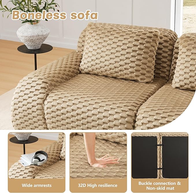 114" U-Shaped Compressed Sectional Cloud Sofa, Flannel Upholstered Modular Deep Seat Sofa with 5 Pieces, Symmetrical Boneless Foam Modular Cloud Couches for Living Room