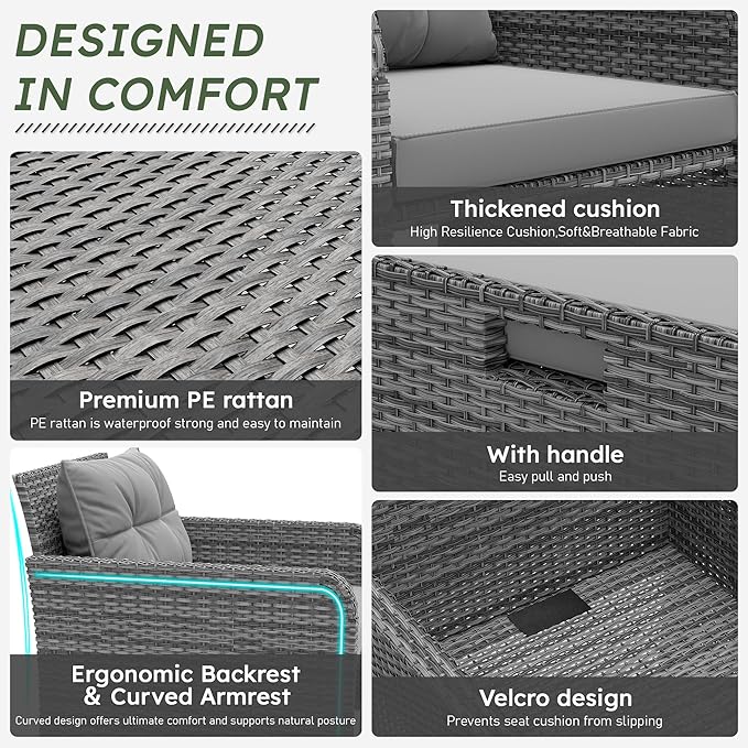 LHBcraft Balcony Furniture 5 Piece Wicker Patio Furniture Set, Outdoor Hand-Woven Rattan Lounge Chairs with Tempered Glass Coffee Table, Ottomans & Soft Cushions for Front Porch, Garden, Grey