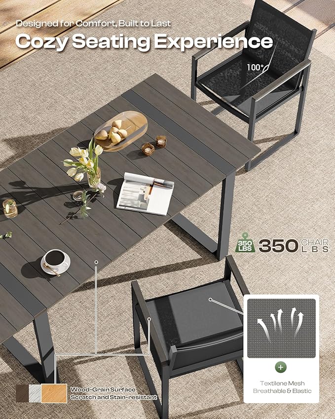 Outdoor Dining Set, HDPS + Aluminum Patio Table and Chairs Set with U-Shaped Base, 7 Piece Outdoor Furniture Set with Umbrella Hole, Patio Dining Table Set for Garden, Backyard (Charcoal) - Image 3
