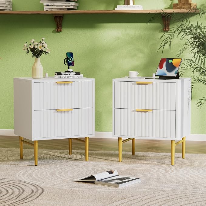 HQZX White Nightstand with Charging Station, Fluted Night Stand with Wide Tabletop, Modern Bedside Table with 2 Drawers, White and Gold Nightstand, End Tables for Bedroom - Image 6