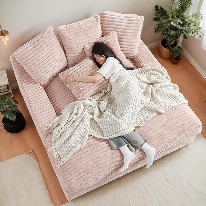 63.77" Oversized Chaise Lounge Sofa Cozy Cloud Couch, Modern Fluffy Corduroy Upholstered Sleeper Love Seat Daybed Sofabed with 5 Throw Pillows and Wide Armrest for Living Room Apartment