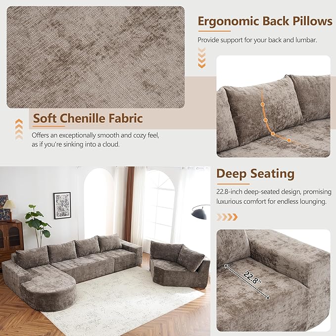 Ball & Cast Oversized Modular Sectional Sofa Cloud Couch,141.7" Modern Upholstered Couch w/Deep Seat Comfy Couches,Minimalist Sleeper Sofas,for Living Room,Apartment,Brown