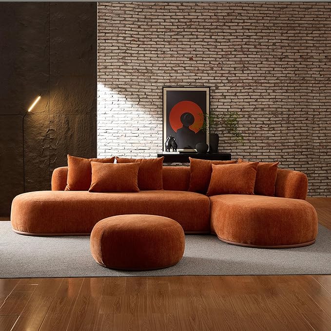 KEIKI 135" L-Shaped Oversized Boucle Sectional Sofa with Right Chaise, Modern 5-Seater Polyester Curved Couch with PU Leather Base, 1 Ottoman & 6 Pillows, No Assembly Required, for Living Room, Orange