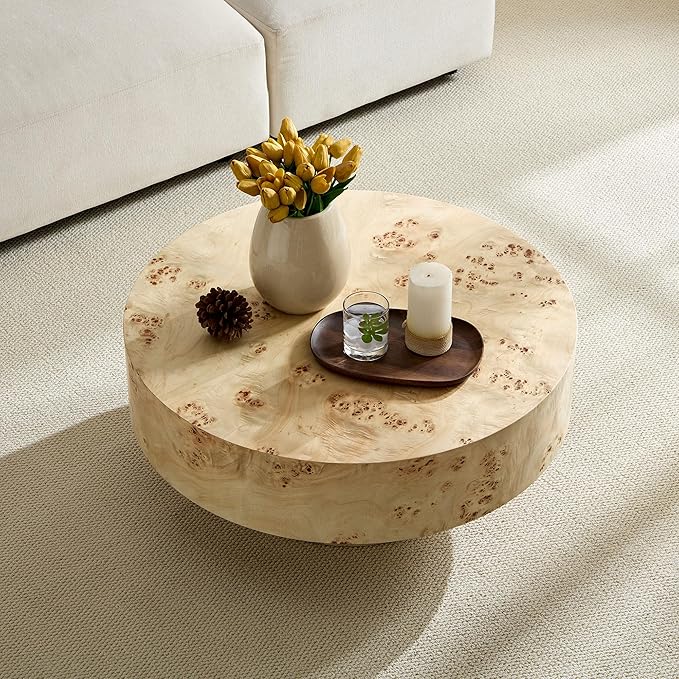 WILLIAMSPACE 31.49" Round Coffee Table with Burl Wood Veneer & Pedestal, Modern Wood Circle Drum Center Table for Living Room, Circular Accent Side End Table for Apartment, 13.77" H (Natural Burl)