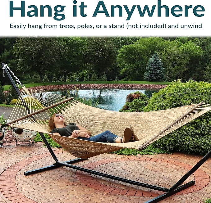 Sunnydaze Soft-Spun Polyester Rope Double Hammock for Outside - 600-Pound Weight Capacity Extra Large Hammock - Tan - Image 4