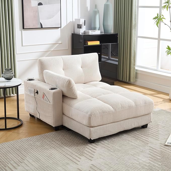 Oversized Lounge Chaise Convertible Sleeper Sofabed, Corduroy Sleeper Daybed Indoor Recliner Chair Sofa Bed with Cupholders and Adjustable Headrests for Living Room Bedroom Reading Home Apartment