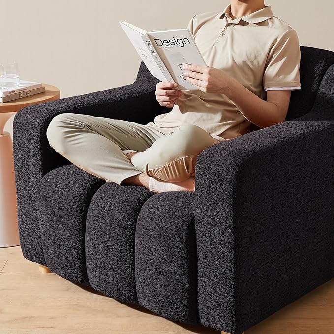 Modern Oversized Living Room Chairs, 40" Wide Boucle Accent Chairs with Deep Seat and Wooden Legs, Comfy Reading Arm Chair for Bedroom, Apartment, Dark Grey