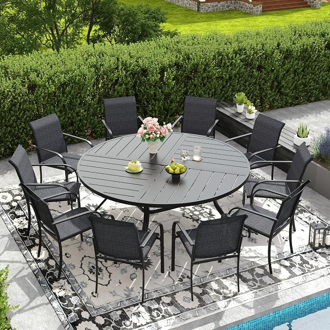 DIFY 11 Pieces Outdoor Patio Dining Set for 10, 63" Black Round Metal Patio Table and 10 Grey Stackable Textilene Patio Chairs, Outdoor Table and Chairs for Backyard Garden Poolside by DIFY