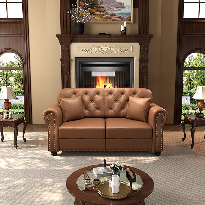 KEIKI 63" Faux Leather Chesterfield Sofa with Rolled Arms & Nailhead Trim & 1 Ottoman, 2-Seater Button Tufted Couch with High Resilience Cushion & 2 Pillow, Easy Assembly, for Living Room, Brown