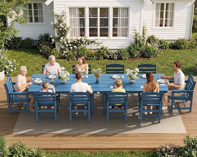 SERWALL Patio Dining Sets for 6 Person, HDPE Dining Set with 6 Armless Chairs, Blue - Image 9