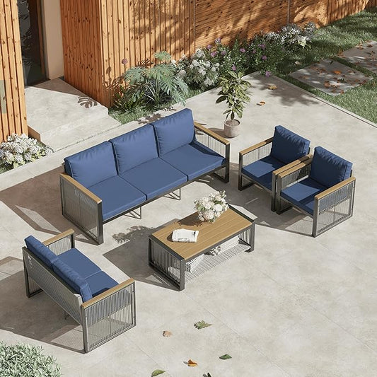 HOMREST 5 Pieces Patio Furniture Set,Outdoor Conversation Sets.Modern Chair Conversation Sets with Coffee Table,Upgrad Cusion,for Yard,Bistro,Graden(Blue)