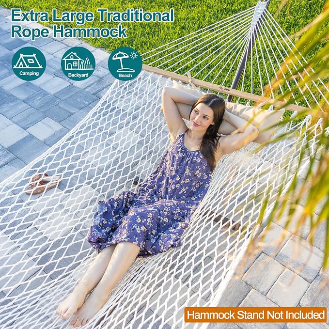 JoyView Traditional Rope Double Hammock - Hand Woven Cotton Hammock with Hardwood Spreader Bar and Pillow 450lb Capacity for Outdoor Indoor Patio Yard - Brown - Image 2