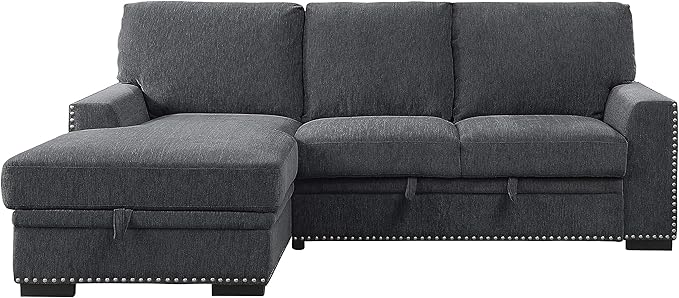 Lexicon Mid Century Modern Sectional Sleeper Sofa Bed Couch with Storage Chaise, Sectional Sofa Pull Out Couch Bed, Sectional Couch Lounge Sofa for Living Room Apartment, Left Side Chaise, Charcoal