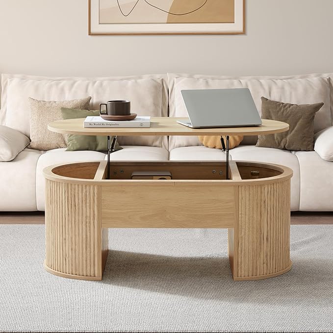 ORRD Lift Top Coffee Table, Fluted Coffee Table with Lifting Top, Wooden Lift Up Dining Table with Hidden Compartment, Center Table for Living Room, Office - Oak