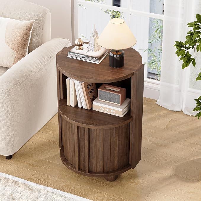 Decofy Modern Round Nightstand with Sliding Doors and 2 Storage Shelves, Modern Bedside End Table,Suitable for Bedroom (Walnut) - Image 3