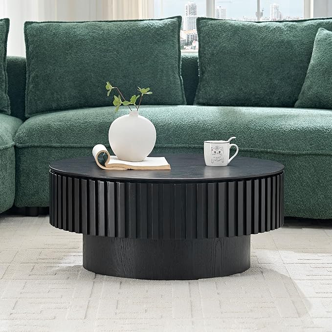WILLIAMSPACE 31.49" Round Coffee Table with Storage for Living Room, Modern Circle Center Table with Solid Wood Veneered & Sturdy Pedestal, Accent End Tea Table for Apartment - Black