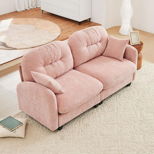 KEIKI 74" Oversized Chenille Modular Sectional Loveseat Sofa with High-Density Foam Cushions and Tufted Pleated Cushion Backrest, Upholstered 2-Seater Cloud Couch with 2 Pillow, for Living Room, Pink