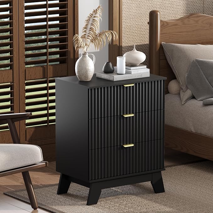 Wodeer Night Stand Set 2, Bedside Table & End Table, Mid Century Modern Fluted Wood Nightstand with 3 Drawers & Metal Handles, Farmhouse Nightstand for Bedroom, Black - Image 6