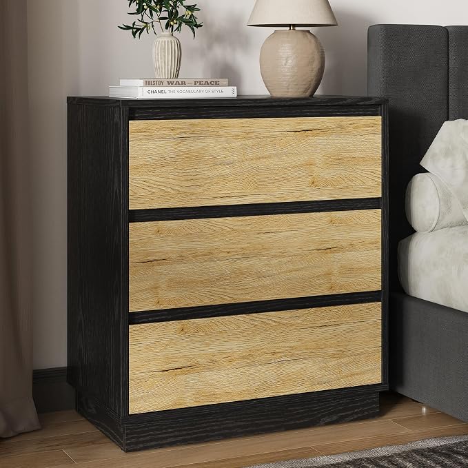 RoyalCraft Nightstand with 3 Drawers Storage, 23.6" Modern Night Stand for Bedroom, Large Bedside Table, End Table for Closet, Black and Wood by Bringyoubetterlife