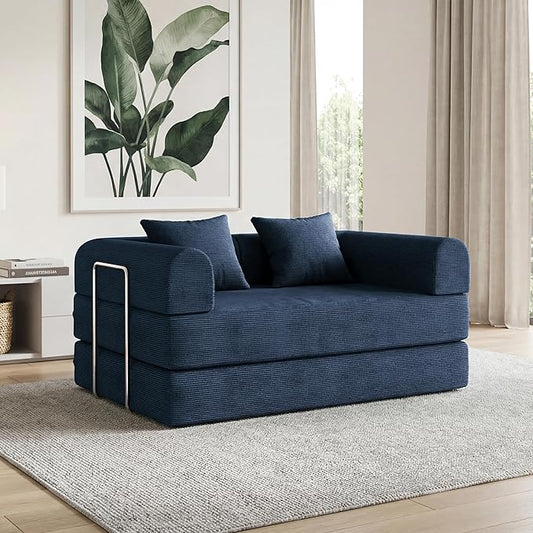 53.15'' Convertible Compressed Corduroy Folding Sofa Bed, Modern Boneless Pull Out Loveseat Sleeper in a Box, 4 in 1 Floor Mattress Futon Cloud Couch, No Assembly Needed, Navy Blue, 2 Pillows, Full