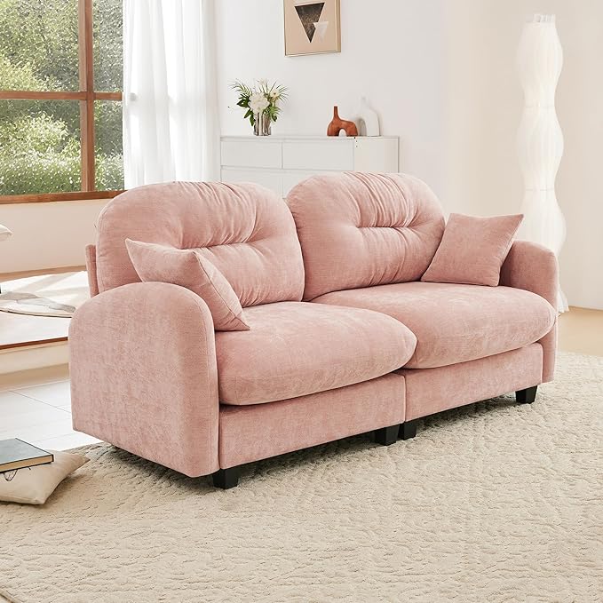 KEIKI 74" Oversized Chenille Modular Sectional Loveseat Sofa with High-Density Foam Cushions and Tufted Pleated Cushion Backrest, Upholstered 2-Seater Cloud Couch with 2 Pillow, for Living Room, Pink