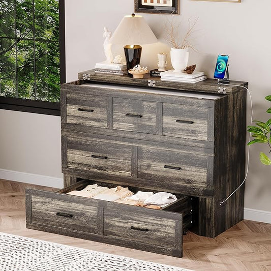 Bellemave Full Size Murphy Bed, Cabinet Bed with Charging Station and 1 Large Storage Drawer, Farmhouse Murphy Cabinet with Foldable Panel, Noisy Free, for Guest Bedroom, Living Room, Rustic Gray