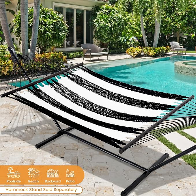 Lazy Daze Hammocks 10.5 FT Double 2 Person Caribbean Rope Hammock, Hand Woven Polyester Hammock with Spreader Bars, for Outside Outdoor Backyard Patio Poolside, 450 LBS Capacity, Black/White - Image 2