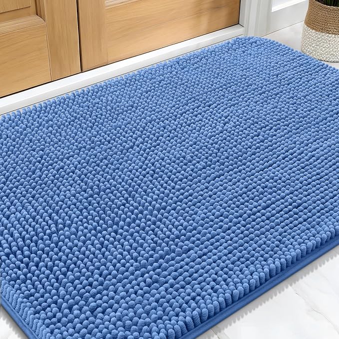 OLANLY Dog Door Mat for Muddy Paws 32x20, Absorbs Moisture and Dirt, Absorbent Non-Slip Washable Doormat, Quick Dry Chenille Mud Mat, Entry Indoor Entryway Carpet for Inside Floor, Cornflower Blue by OLANLY