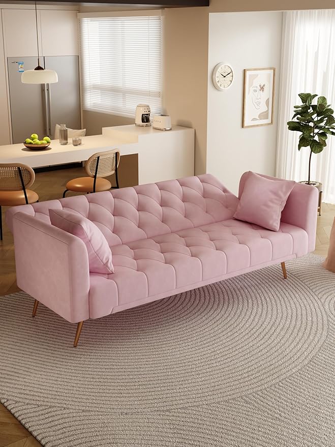 KEIKI 71 INCH Loveseat Sofa with Adjustable Backrest, Upholstered 2 Seater Velvet Couch for Living Room Bedroom Office Apartment, Pink