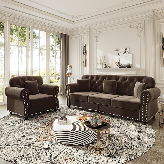 KEIKI 2-Piece Chesterfield Sofa Set with 1 Velvet 3-Seater Sofa & 1 Single Sofa, Upholstered 4-Seater Couch Set with Nailhead Trim & Rolled Arms & 1 Ottoman & 4 Pillow, for Living Room, Brown