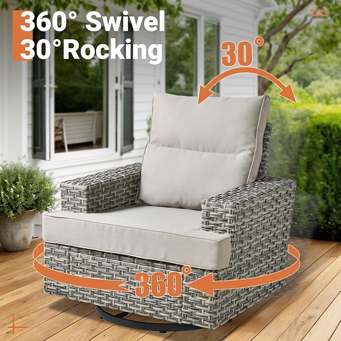 ovios 8 Piece Patio Sectional Furniture with Swivel Rocking Chairs, Rattan Wicker Coversation Set with Glowing Coffee Table, Outdoor Sofa Set for Outside Porch Balcony Backyard Pool,Beige