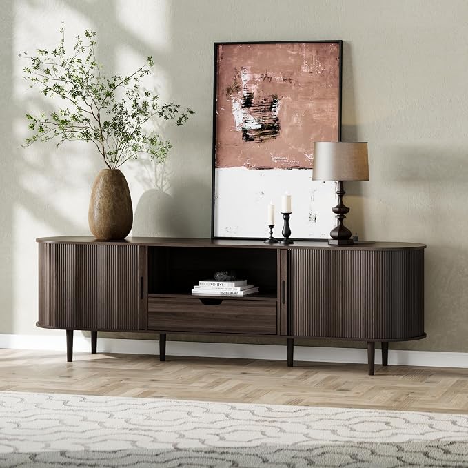 DHH 71" Fluted TV Stand with Power Outlet for TVs up to 80", TV Console with Adjustable Shelves and Sliding Door,Mid Century Modern Entertainment Center for Living Room,Bedroom (Dark Walnut, 71Inch) - Image 2