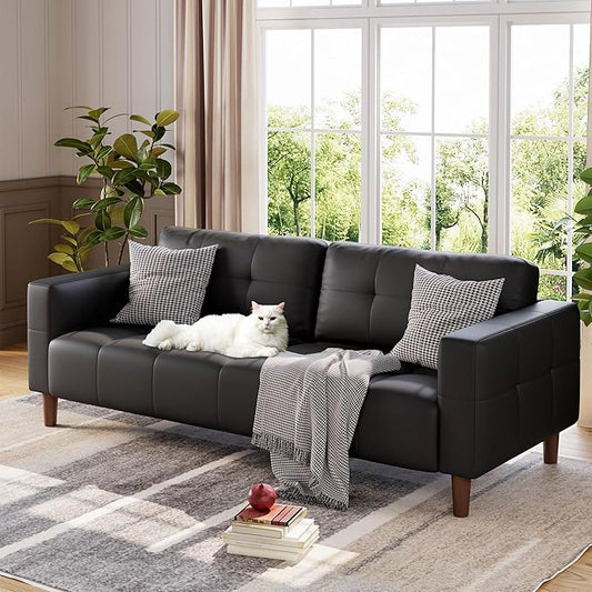 GarveeHome 3-Seater Sofa Couch, 83" Wide Faux Leather Sofa Couch with Spring Cushion, Modern Sofa with Deep Seats and 2 Removable Back Cushions, for Living Room, Apartment, Office, Modern Black