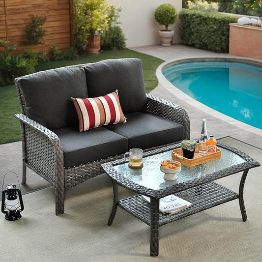 2 Pieces Wicker Patio Furniture Loveseat with Table - Outdoor Rattan Patio Bistro Set of 2,All-Weather PE Wicker Conversation Sofa High Back Deep Seating for Deck Porch Yard,Black