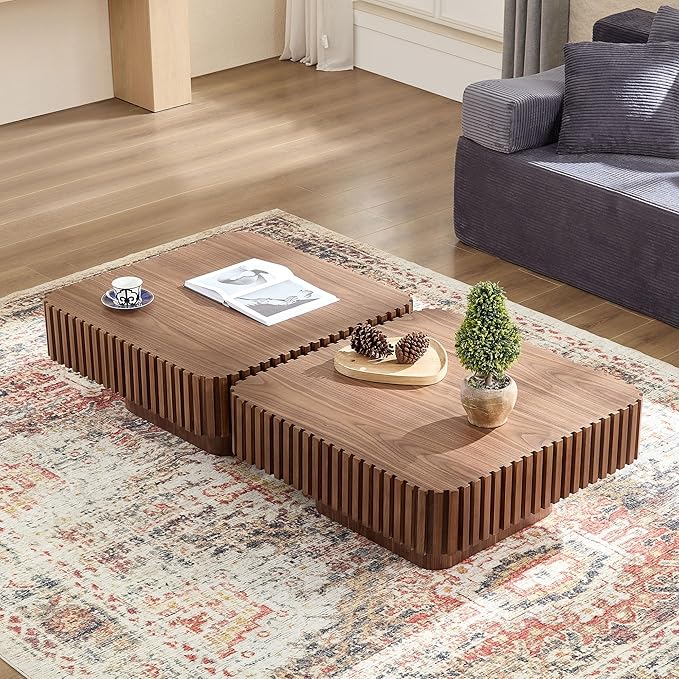 31.5" Square Coffee Table 2 Piece, Wooden Center Tea Table Accent End Table Set of 2 for Living Room Apartment, with Sturdy Curved Base & Solid Wood Fluted Side, Walnut