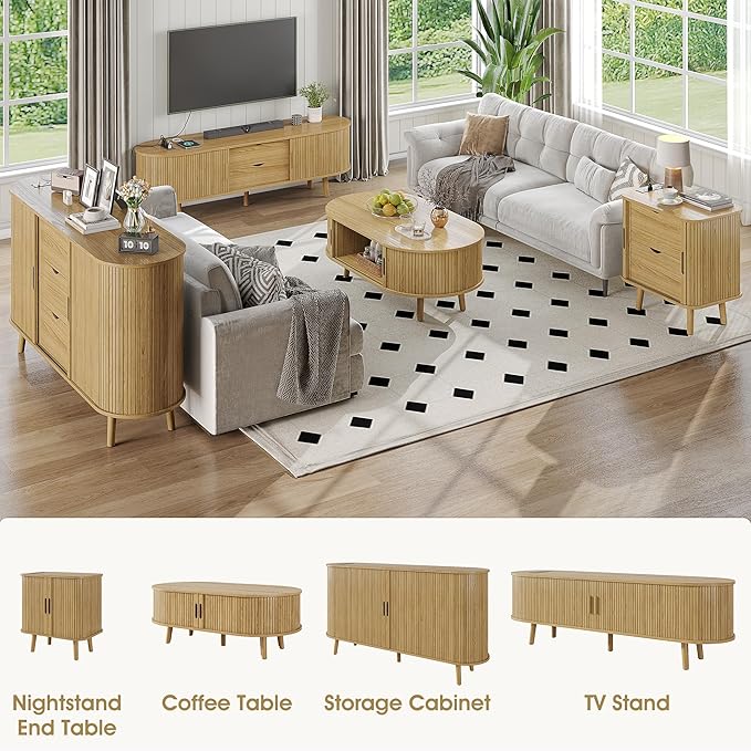 Alohappy Oval Coffee Table, Mid Century Modern Coffee Table with Sliding Tambour Door, Fluted Center Table with Hidden Storage, Curved Profile Dining Table for Living Room, Home Office,Natural Oak