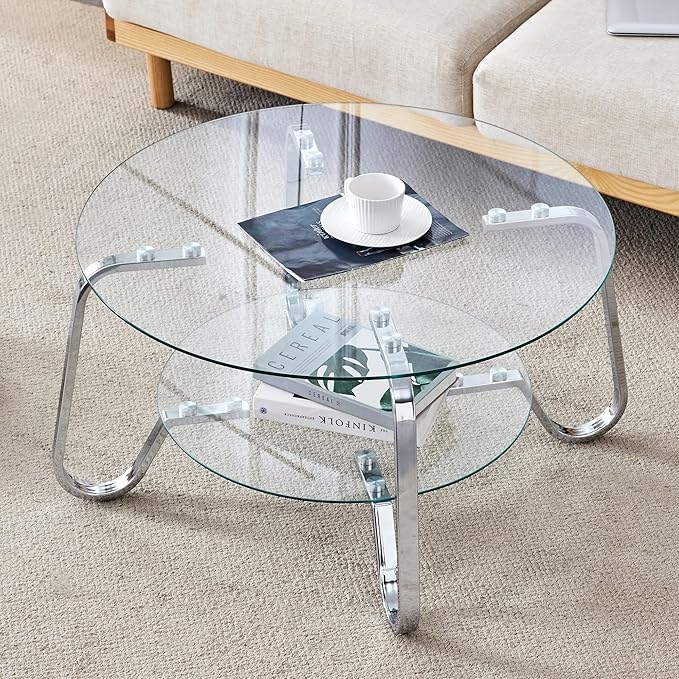 Glass Round Coffee Table for Living Room, 31.5 Inch Tempered Glass Top & Sturdy Metal Frame with Storage Shelf, Modern Small Center Table with 200lb Capacity, Quick & Easy Assembly