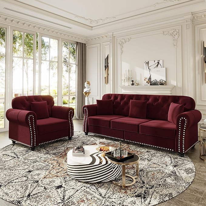 KEIKI 2-Piece Chesterfield Sofa Set with 1 Velvet 3-Seater Sofa & 1 Single Sofa, Upholstered 4-Seater Couch Set with Nailhead Trim & Rolled Arms & 1 Ottoman & 4 Pillow, for Living Room, Burgundy
