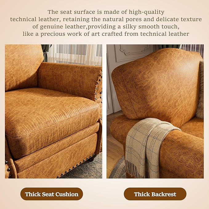Single Sofa Chair, Faux Leather Nailhead Armchair, Rolled Arm Accent Chair for Living Room, Wood Legs, Traditional Single Couch Chair for Apartment, Farmhouse (Brown, Set of 2)