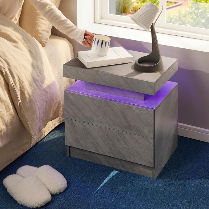 i-aplus LED Night Stand Modern Bedside Tables for Bedroom Grey Nightstand with 2 Drawers for Bedroom, Living Room - Image 5