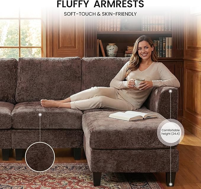118" Sectional U-Shaped Cloud Couch, Modular Modern 4-Seat Sofa, with USB Type C Ports, Foldable Side Table and 2 Ottomans, for Home Living Room, Brown