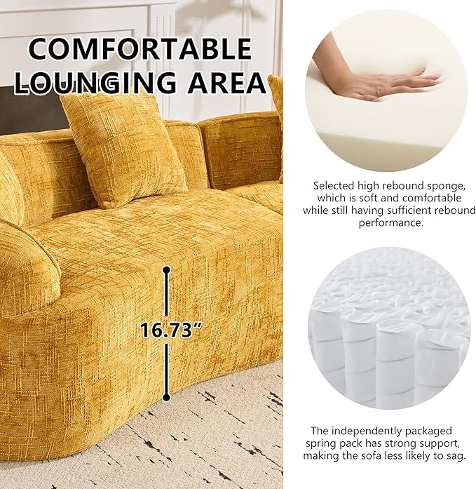 109-Inch Curved Boneless Sofa Couches Compressed 4-Seat Foam Couch for Living Room Bedroom, Boneless Modular Cloud Sofa Curved Floor Couch with 4 Pillows, No Assembly
