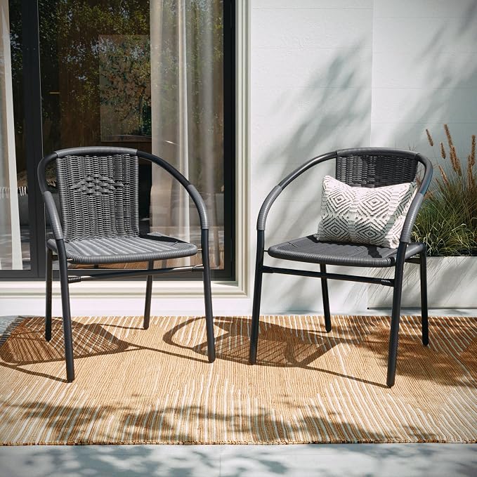 EMMA + OLIVER Set of 2 Modern Rattan Indoor/Outdoor Stack Chairs, Stacking Rattan Patio Chairs with Curved Back and Cross Bracing, Gray - Image 6