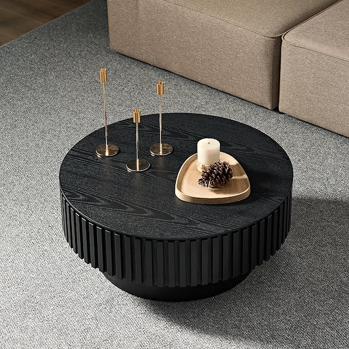 WILLIAMSPACE 31.49" Round Coffee Table with Storage for Living Room, Modern Circle Center Table with Solid Wood Veneered & Sturdy Pedestal, Accent End Tea Table for Apartment - Black