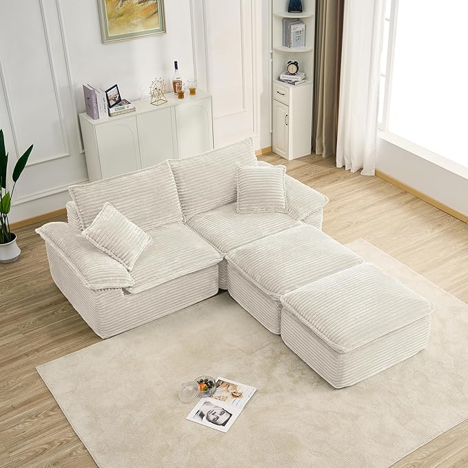 Comfy Boneless Cloud Sofa Chaise Oversized Fluffy Corduroy Upholstered Chaise Lounge for Living Room Bedroom, Modular Compressed Foam Cloud Daybed, Single Seat Sofa